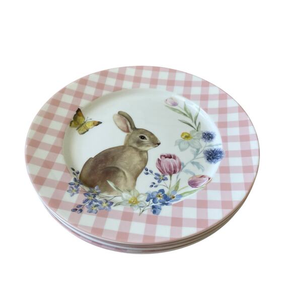 Grace Teaware Bunny Floral Pink Gingham 8in Side Salad Plates Set of 4 NEW - Picture 7 of 12
